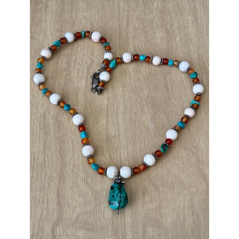 Vintage Tiger Eye Beaded Necklace Turquoise Pendant 32 Inches Stone Metal - Picture 8 of 11